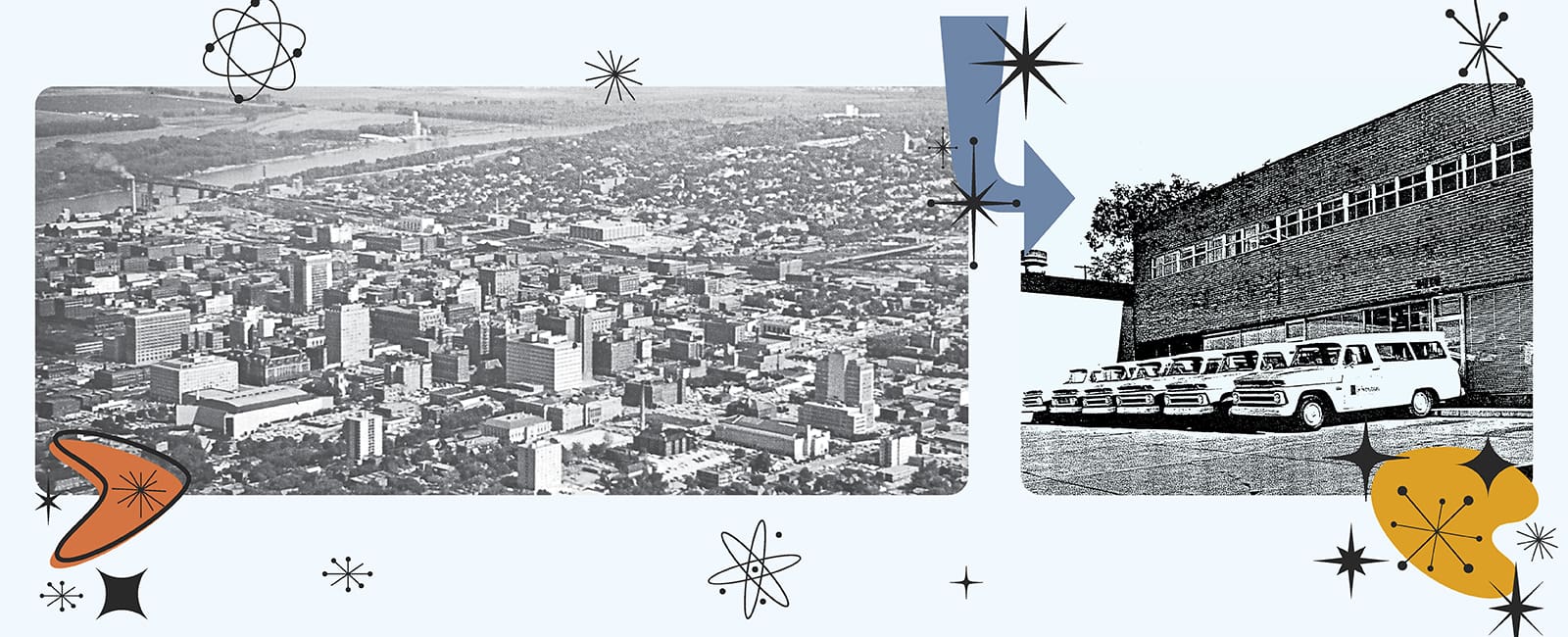 black and white images of Omaha in the 1950s and early office location of Lamp Rynearson