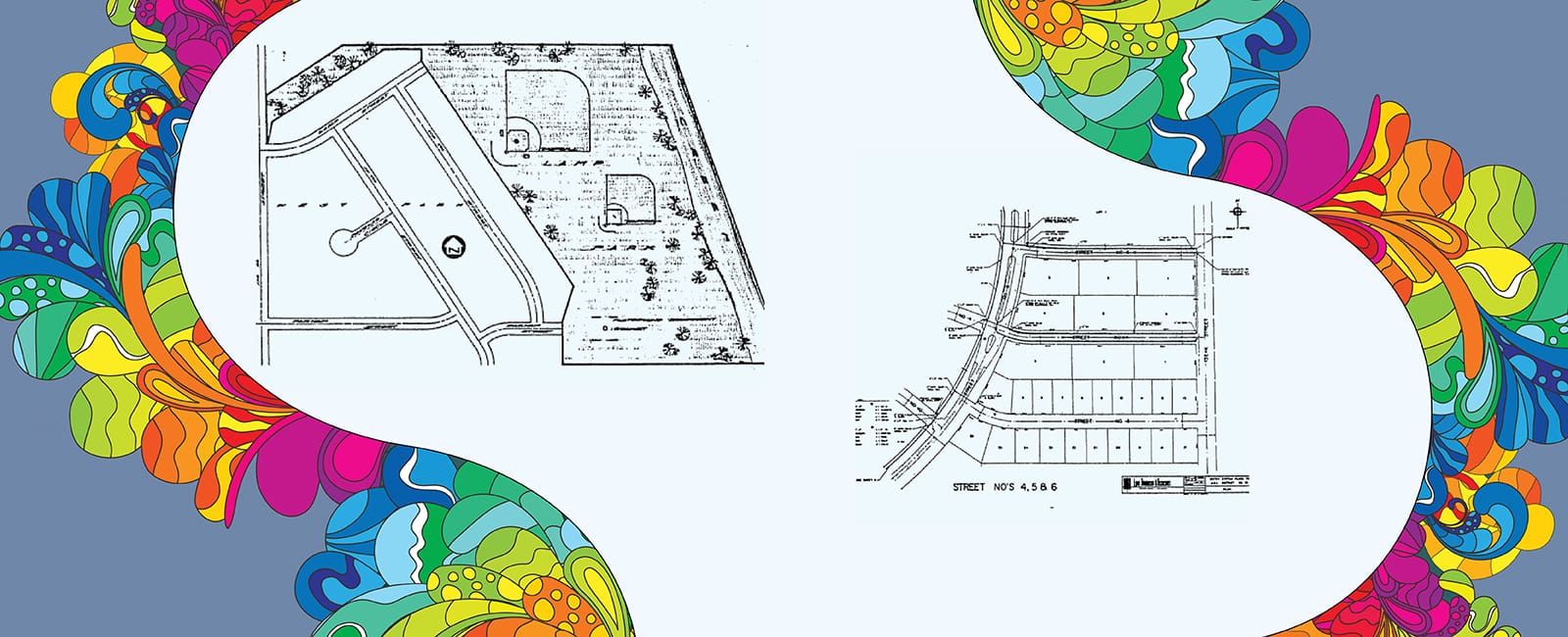 1960s themed image with site plans of park and subdivision