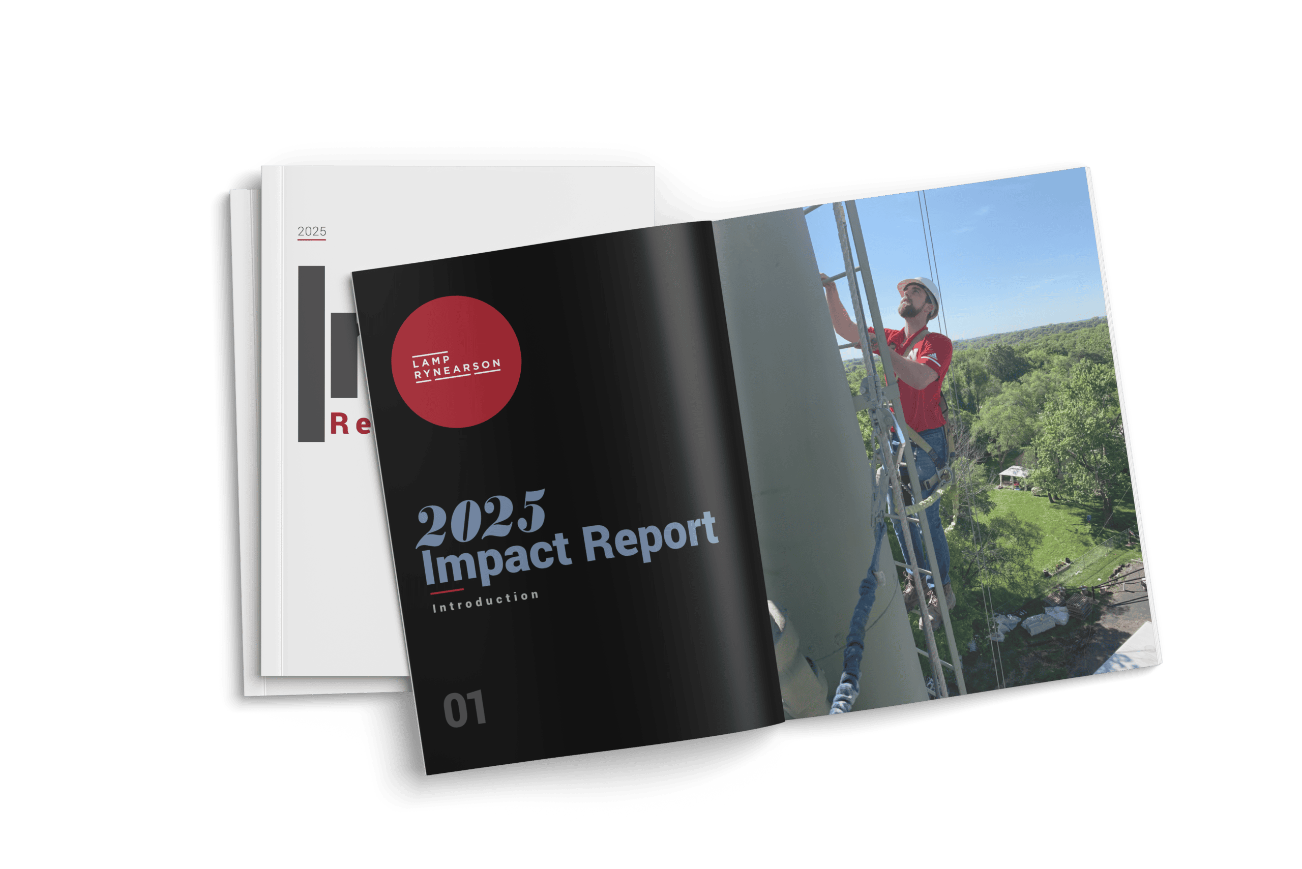 Impact Report document opened up to an image spread of an engineer inspecting a water tower