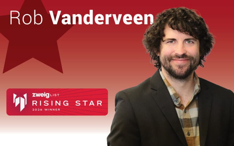 Portrait of Rob Vanderveen on a red gradient banner with a large star and a 'Rising Star 2026 Winner' badge, left-aligned text visible above him.