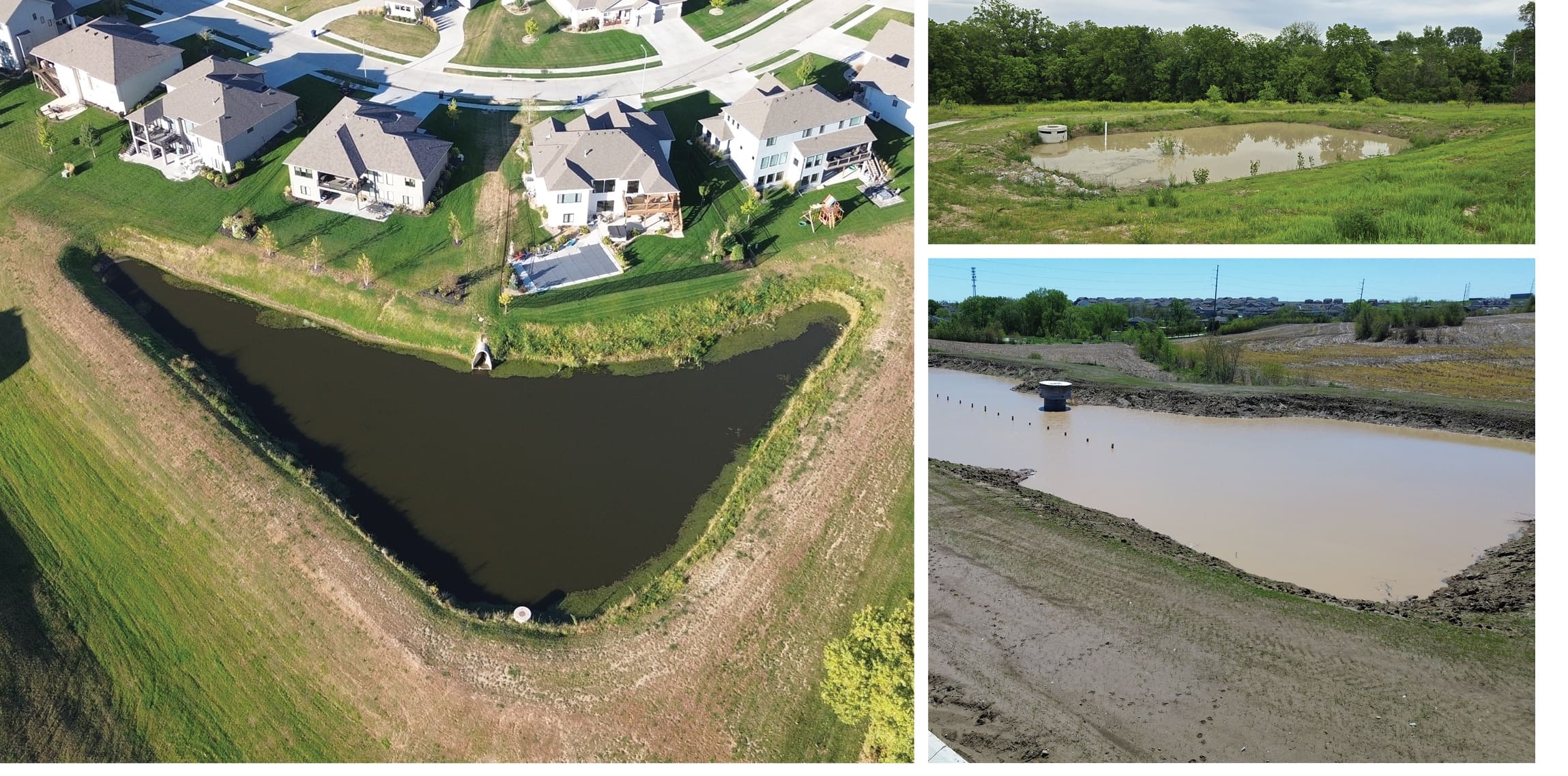 Aerial view of a suburban neighborhood with a curved water body/retention pond beside houses and green lawns.